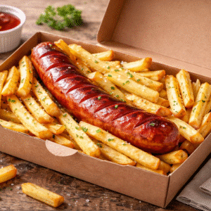 SAUCISSE ET FRITES + 1 BOISSON + 1 DESSERT + 1 CAFÉ